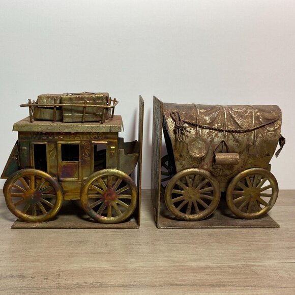 Vintage Wells Fargo Carriages Flamed Brass Bronze Metal Bookends - Picture 1 of 5